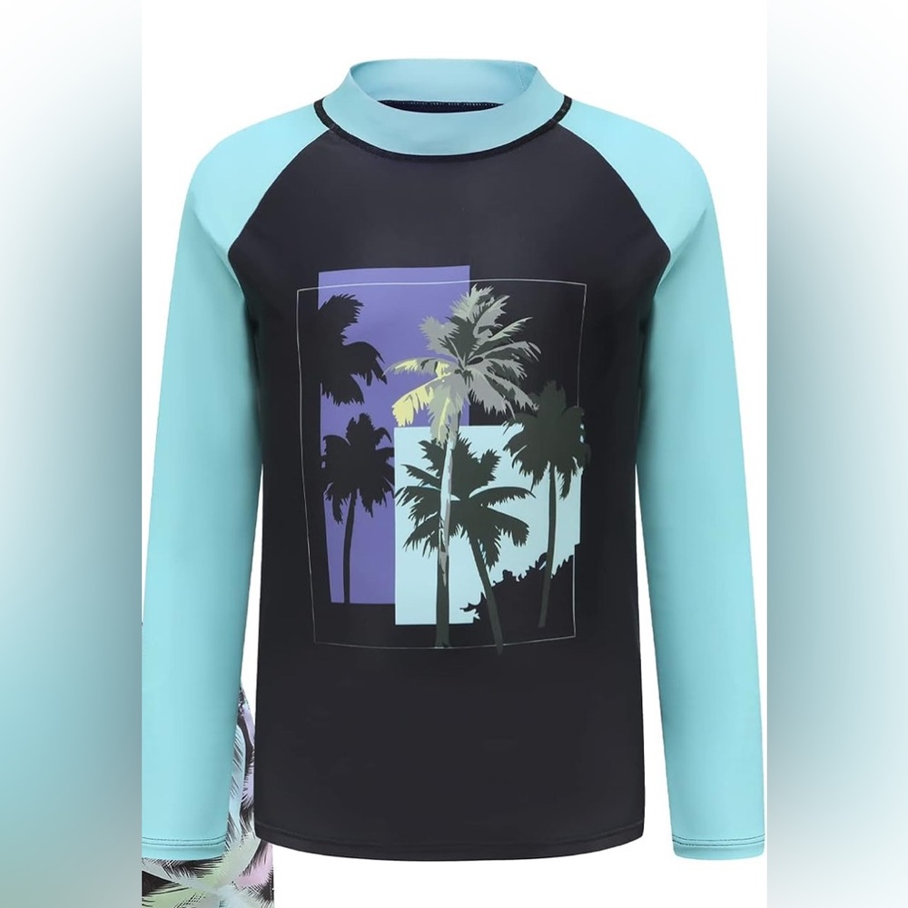 Black and Blue Rashguard with Palm Tree Graphic